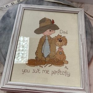 Vintage Completed Framed 8 x 10 Cross Stitch Precious Moments DAD